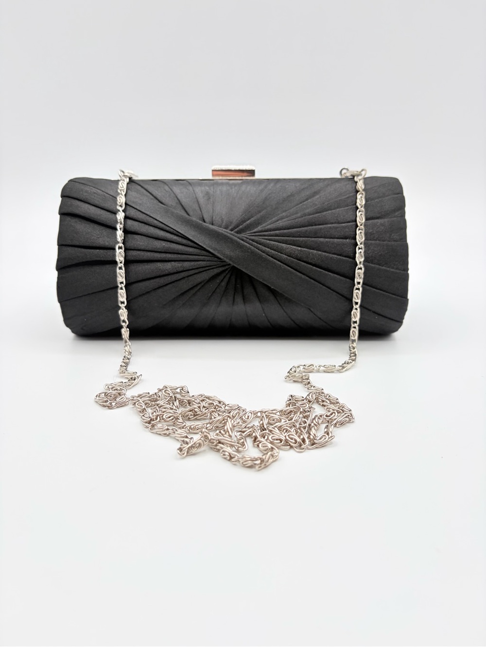 Le Chateau Black Satin Pleated Evening Clutch Chain Shoulder Bag - Picture 14 of 15